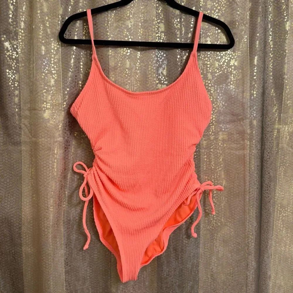 Hurley Bright Neon Orange Ribbed One Piece Swim Suit XL